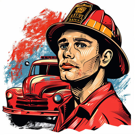 Flat retro clipart style sketch of a firefighter with a classic fire engine