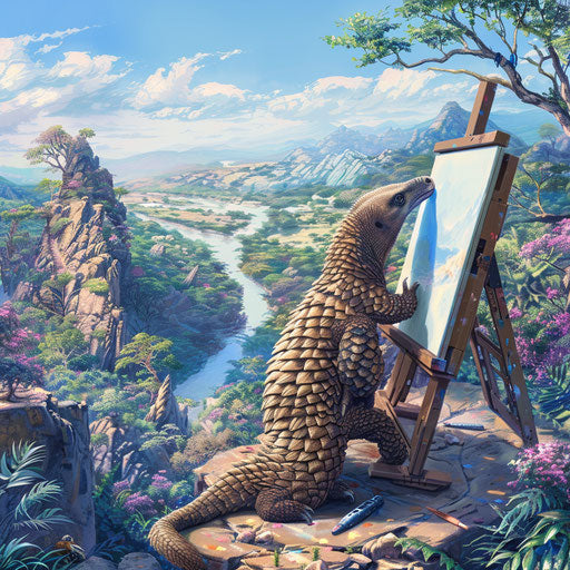 A pangolin artist painting a beautiful landscape on a canvas