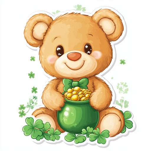 Sticker Design: Cute Teddy Bear in green for St. Patrick's Day with a pot of gold and shamrocks around him, on white background.