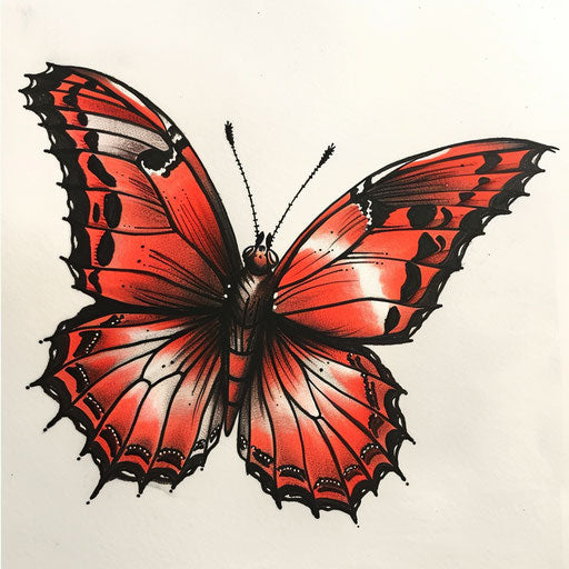 Bold red butterfly with black outlines in a clipart style tattoo sketch