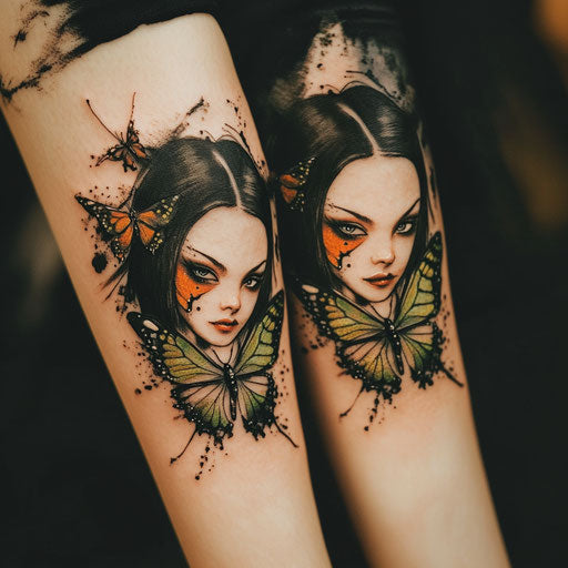 Mom daughter tattoos with matching butterflies, Gerald Brom style