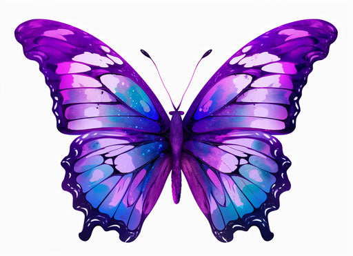 Purple butterfly on white background, dark sky-blue and purple