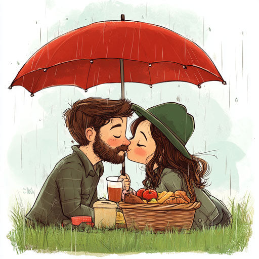 Caricature drawing of a cute couple having a picnic in the rain