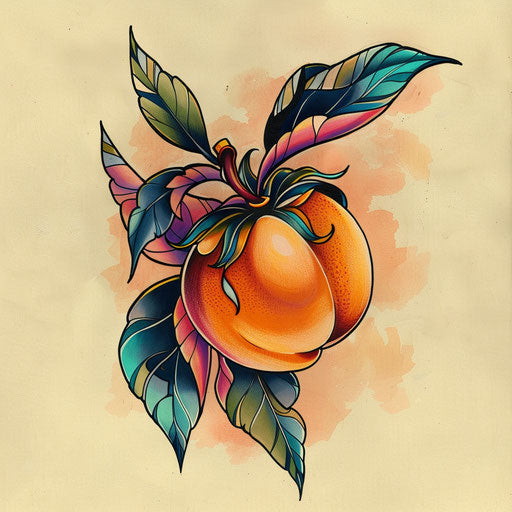 Flat tattoo sketch of a punk rock peach with vibrant colors and edgy designs