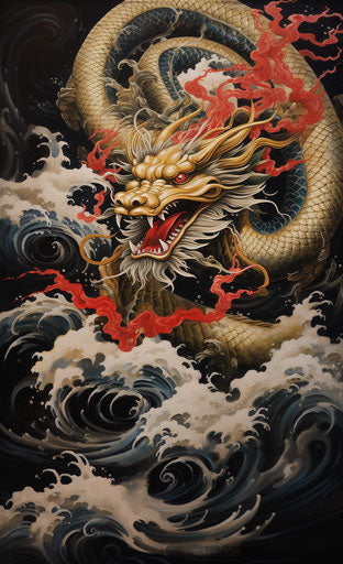 Japanese dragon in red and gold in black and white realism