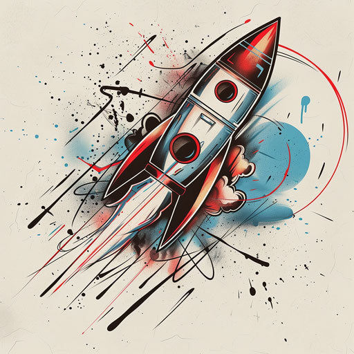 Dynamic flat tattoo sketch of a rocket blasting off with speed lines, vivid red and blue, clipart style