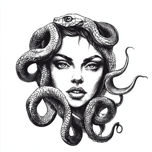 Flat tattoo sketch of Medusa hand tattoo, realistic face with piercing eyes on pure white background