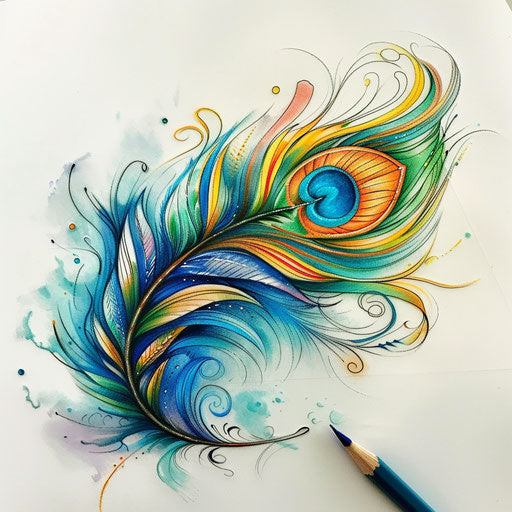 Abstract peacock feather tattoo sketch blending pastel shades for a soft appearance