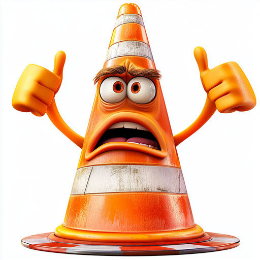 Humorous caricature of a traffic cone with human characteristics
