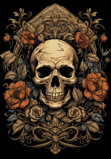 Skull and flowers vintage style, chicano-inspired, ornate, light brown and light black