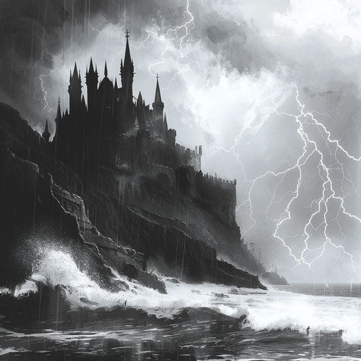 Gothic castle on cliff, stormy sea and lightning