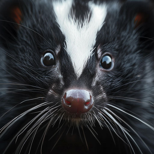 Close-up of a skunk with bright eyes and white stripes