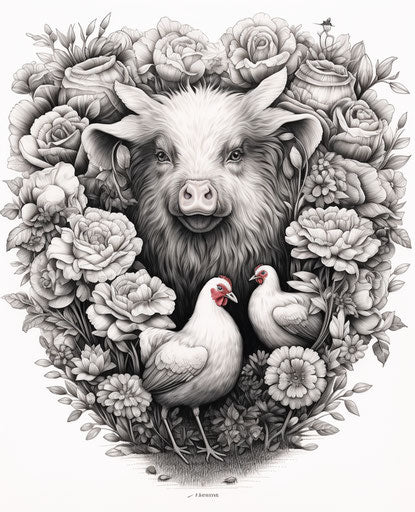 Love for all animals, farm logo in graphite realism style