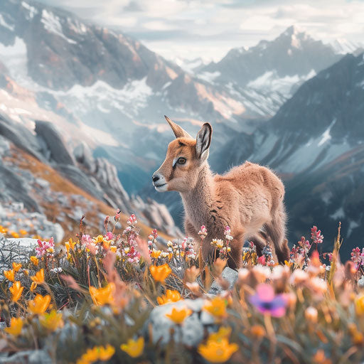 Young ibex playing in alpine flowers