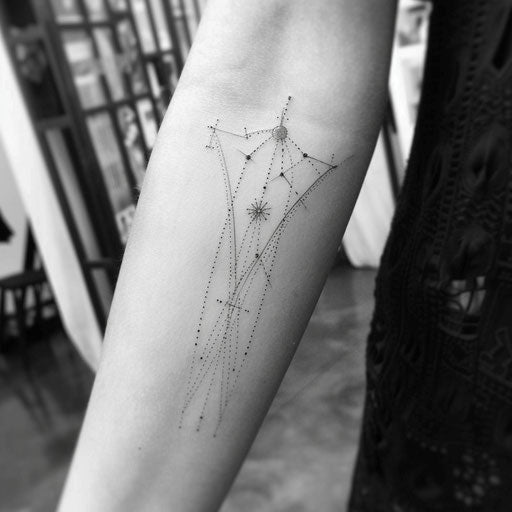 Monochrome flat tattoo sketch of the Gemini constellation with sharp, geometric lines