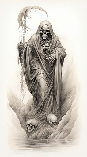 Grim reaper tattoo, bronze casts style, visionary hieratic