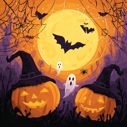 Bright Yellow Moon with Bats and Ghosts