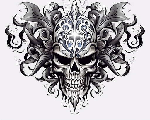 Black and white skull and crossbones logo on white background transparent PNG clipart, in the style of Dayak art, dragon art, deathcore, hellish background, medieval-inspired, ornamental, monochrome painting 5:4