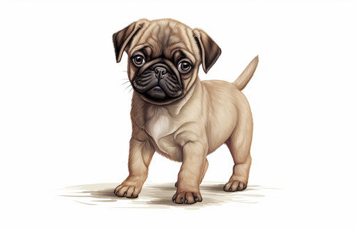 Pug puppy on white background, light maroon and beige, cut and paste