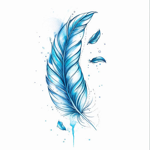 Dreamy clipart style flat tattoo sketch for a girly tattoo with floating feathers and subtle blue hues