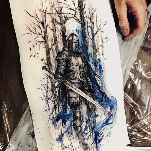 Gothic tattoo sketch of a brooding knight in a dark forest