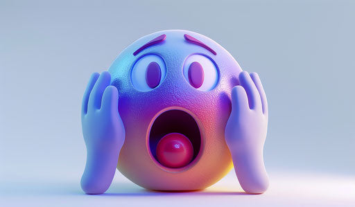 Animated emoji hands holding head mouth open, purple-blue gradient face, red ball, white background, Pixar style