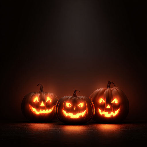Three glowing jack-o'-lanterns with carved faces