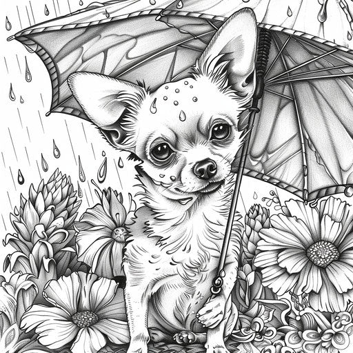 A whimsical Chihuahua holding a tiny umbrella in the rain.