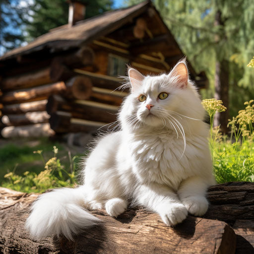 White cat sitting in front of a log cabin