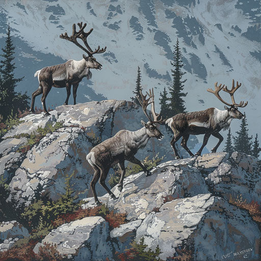 Woodland caribou navigating rocky mountain pass