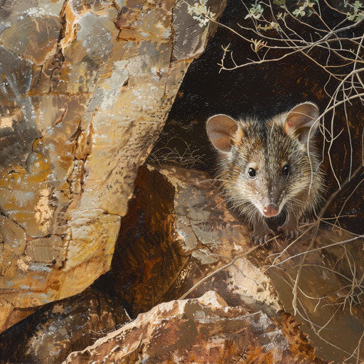 Northern brown bandicoot peeking from behind rock in rugged bushland