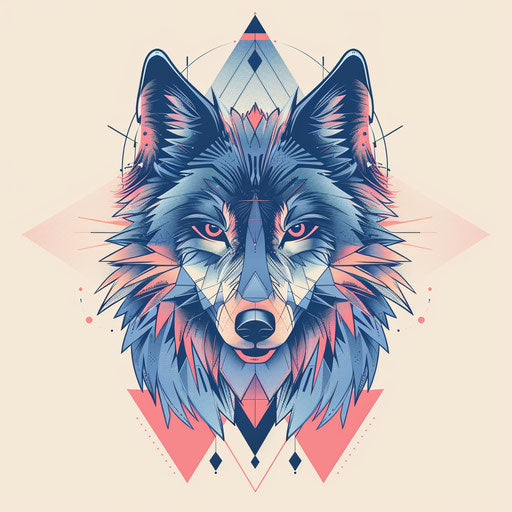 Flat tattoo sketch of a geometric wolf in soft pastel tones