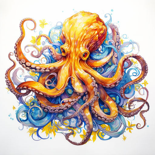 An octopus with yellow and blue tail on a white background
