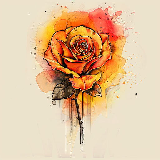 Vivid tattoo sketch of an amber rose with yellow and orange watercolor splashes