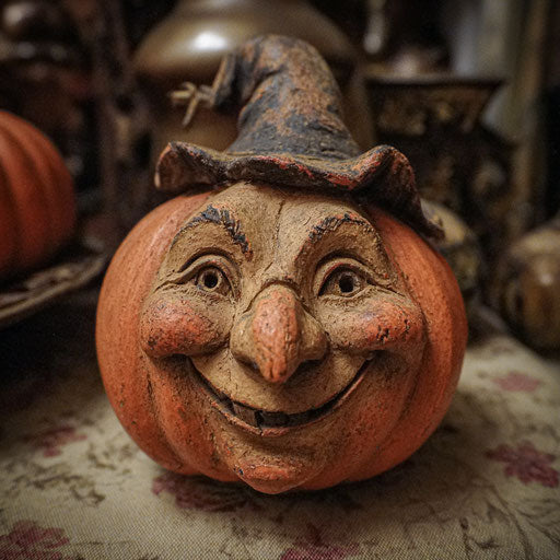 Smiling Jack-o'-lantern beside the witch