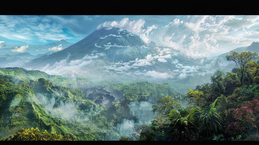 Realistic volcanic landscape, panoramic view, adventurous vibe