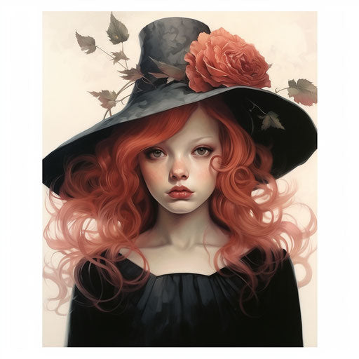 Print of a witch with a hat and rosy hair