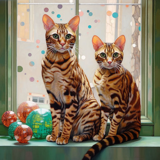 Two Bengal striped cats sitting on a seat near a window