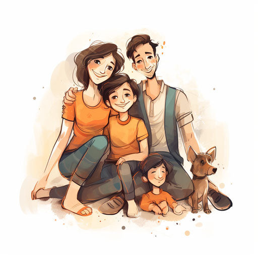 Illustration of happy family in the style of Chiaroscuro Art on white background