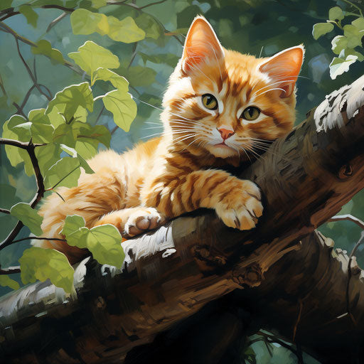 Orange cat lying on a tree branch