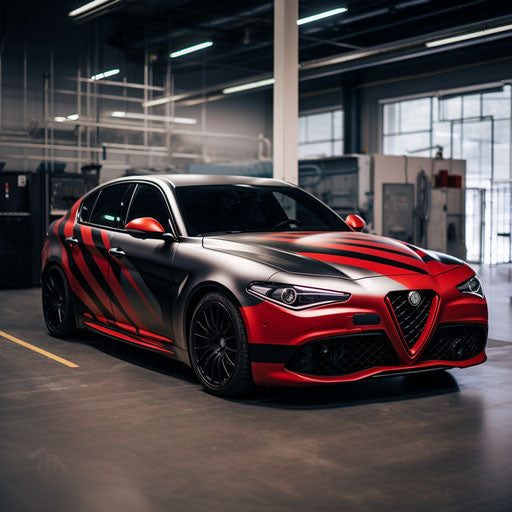 Custom designed decals following the contours of the classic Alfa Romeo Giulia Quadrifoglio car