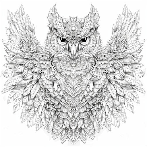 An intricate owl with elaborate feather details. Coloring book page