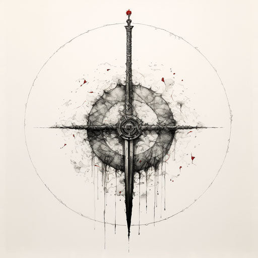 The tattooed sword on two circles, minimalist sketches style