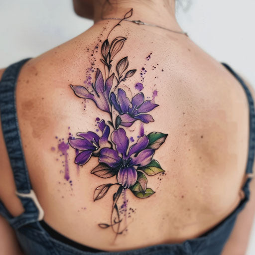 Expressionist lilac tattoo with bold color splashes and emotional depth
