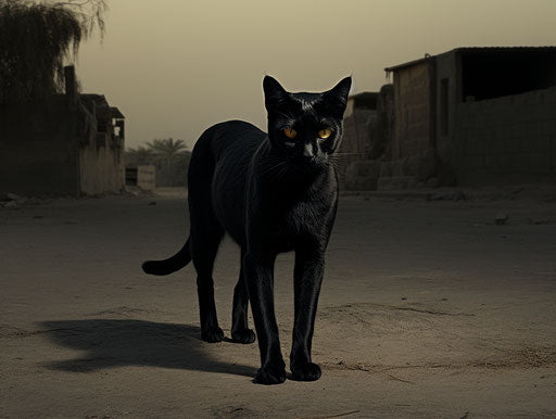 The black cat walking down a driveway