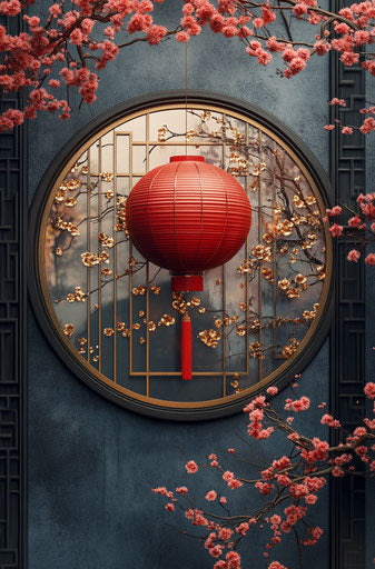Red lantern surrounded by plum blossoms and golden clouds