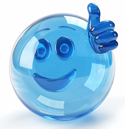 Smiling blue bubble with thumbs up, clip art style