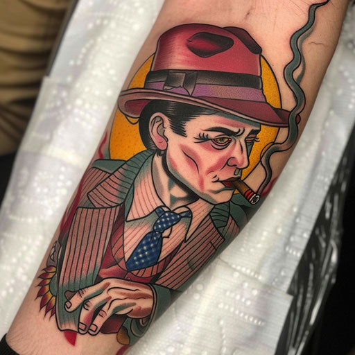 Neo-traditional tattoo of gangster with cigar