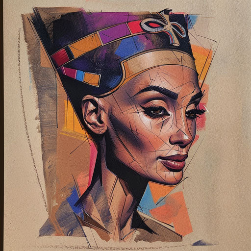 Stylized flat tattoo sketch of Nefertiti with a modern art twist