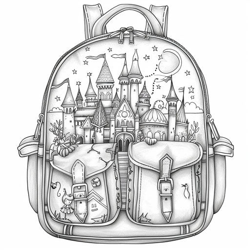 Whimsical backpack with fairy tale castle and characters inside